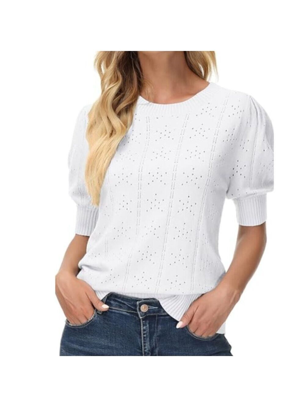 Elegant White Eyelet Knit Blouse